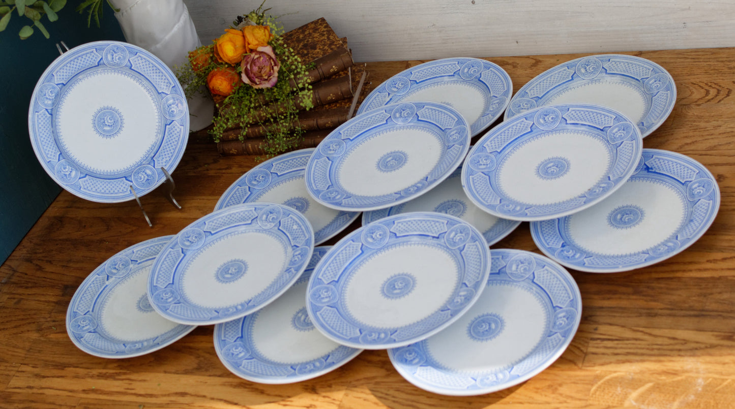 Seul Depot a Paris 17 Rue Drouot Terre de Fer EB French Antique Ironstone Blue Transferware Small Plate Faiencerie Emile Bourgeois