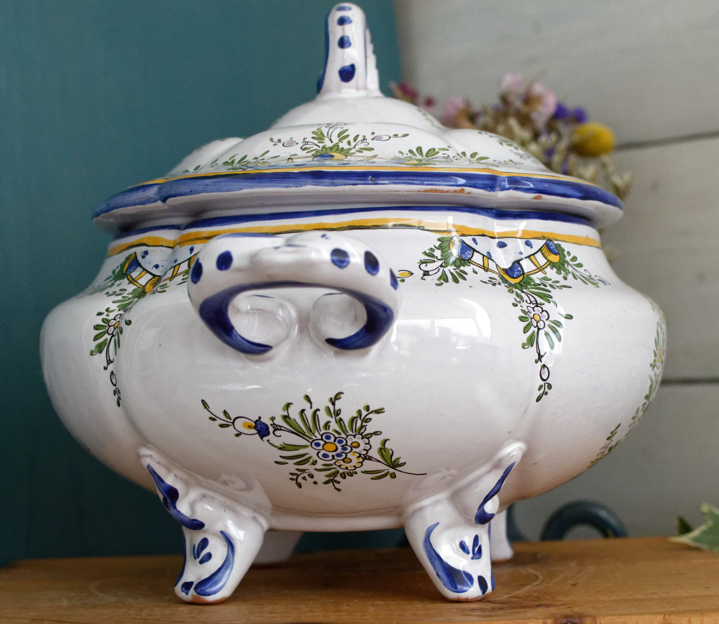 Faiencerie L'Art D'Angouleme Le Renoleau French Vintage Faience Hand-Painted Collectible Earthenware Covered Soup Tureen Soupiere Vegetable Dish Légumière Terre de Fer Faience
