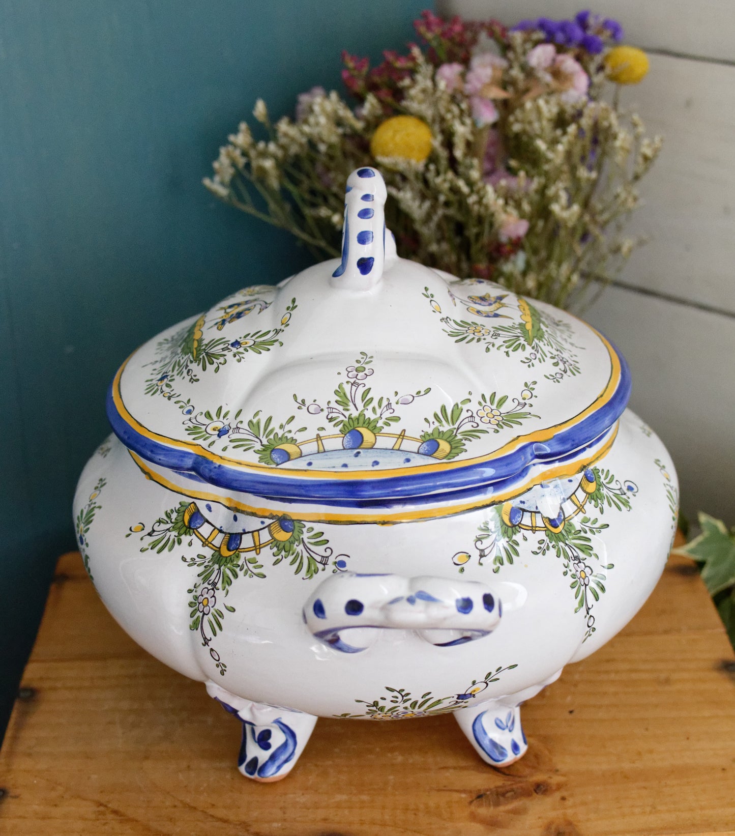 Faiencerie L'Art D'Angouleme Le Renoleau French Vintage Faience Hand-Painted Collectible Earthenware Covered Soup Tureen Soupiere Vegetable Dish Légumière Terre de Fer Faience