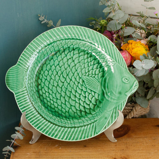 SARREGUEMINES France French Vintage Fish Shaped Plate Green Carp BARBOTINE Majolica en Faience Terre de Fer