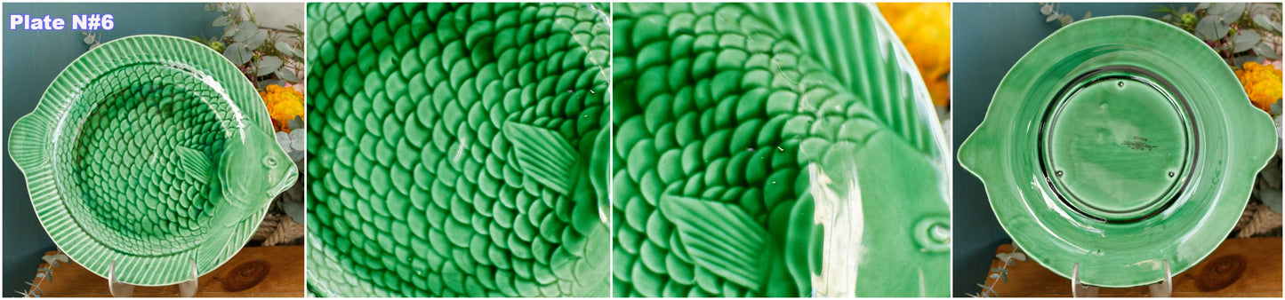 SARREGUEMINES France French Vintage Fish Shaped Plate Green Carp BARBOTINE Majolica en Faience Terre de Fer