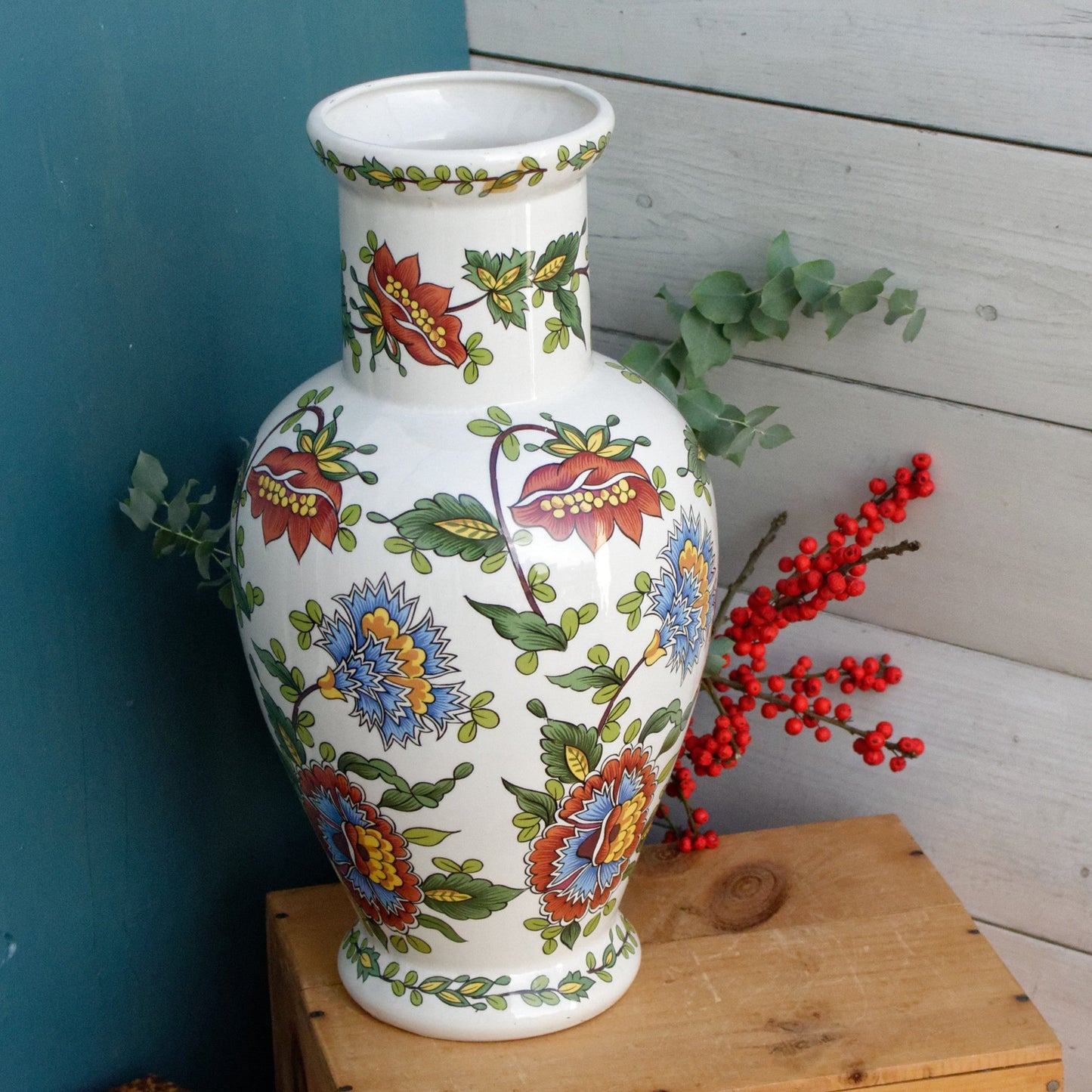 French Vintage Large Ceramic Floral Vase Porcelain Floor Vase