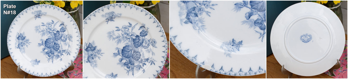 1880年代/1900年代 ~ 「FLORE」サルグミーヌ U&C ~ フランスアンティーク アイアンストーン ブルー トランスファーウェア ディナープレート ~ テール・ド・フェール