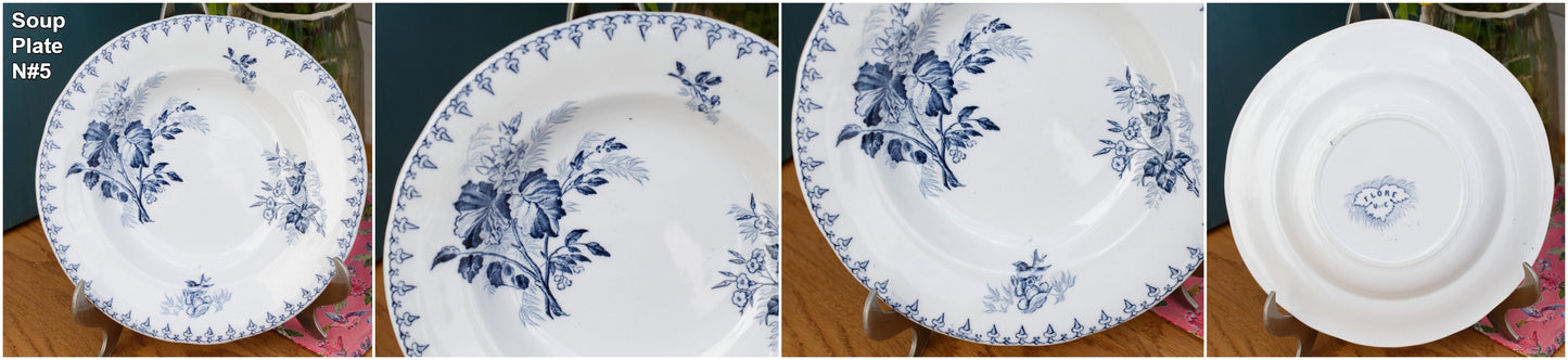 1880年代/1900年代 ~ 「FLORE」サルグミーヌ U&C ~ フランスアンティーク アイアンストーン ブルー トランスファーウェア スーププレート ~ スカラップエッジ テール・ド・フェール