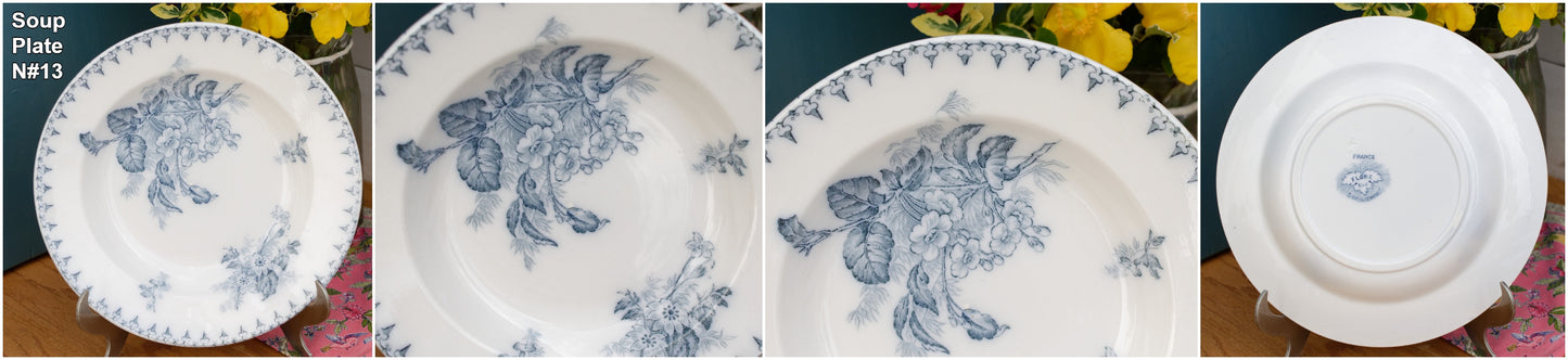 1880s/1900s ~ "FLORE" Sarreguemines U&C ~ French Antique Ironstone Blue Transferware Soup Plate ~ Terre de Fer
