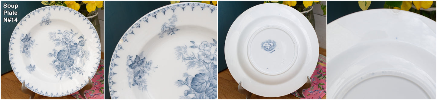 1880s/1900s ~ "FLORE" Sarreguemines U&C ~ French Antique Ironstone Blue Transferware Soup Plate ~ Terre de Fer