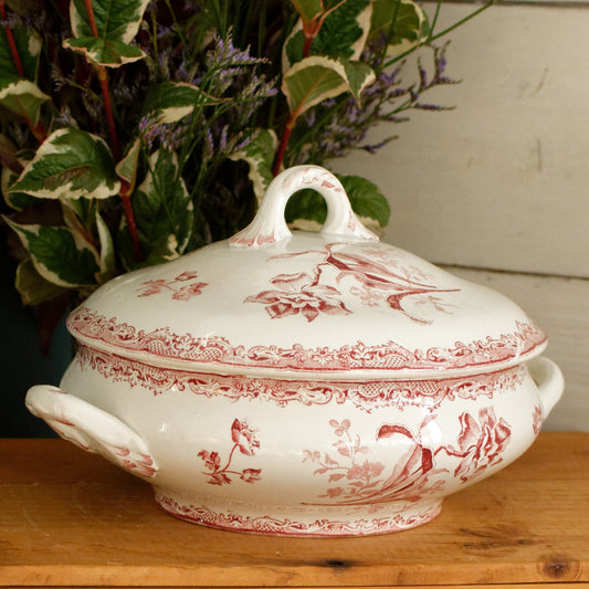 FONTANGES SARREGUEMINES U&C French Antique Ironstone Red Transferware Soup Tureen Soupiere Terre de Fer Faience