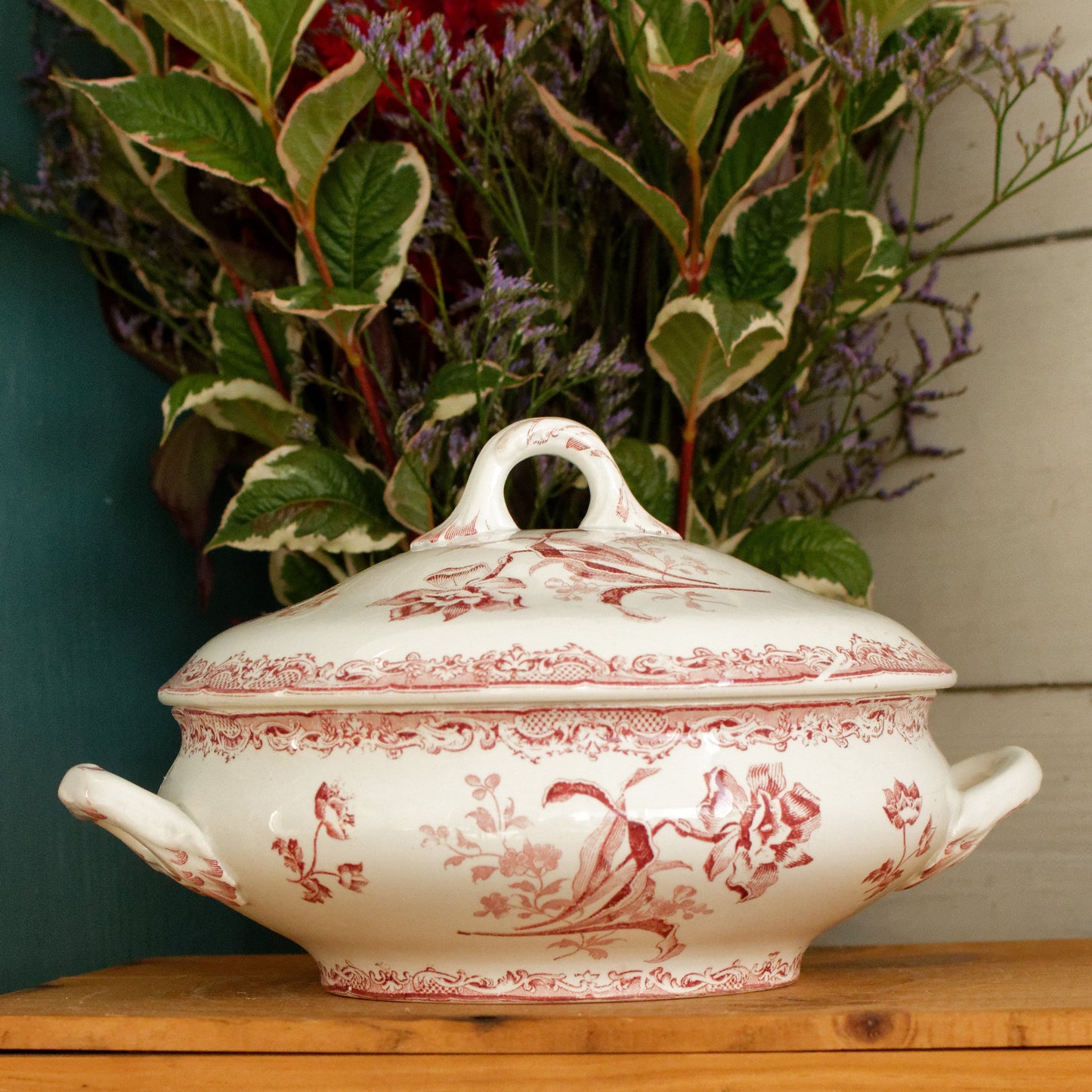 FONTANGES SARREGUEMINES U&C French Antique Ironstone Red Transferware Soup Tureen Soupiere Terre de Fer Faience