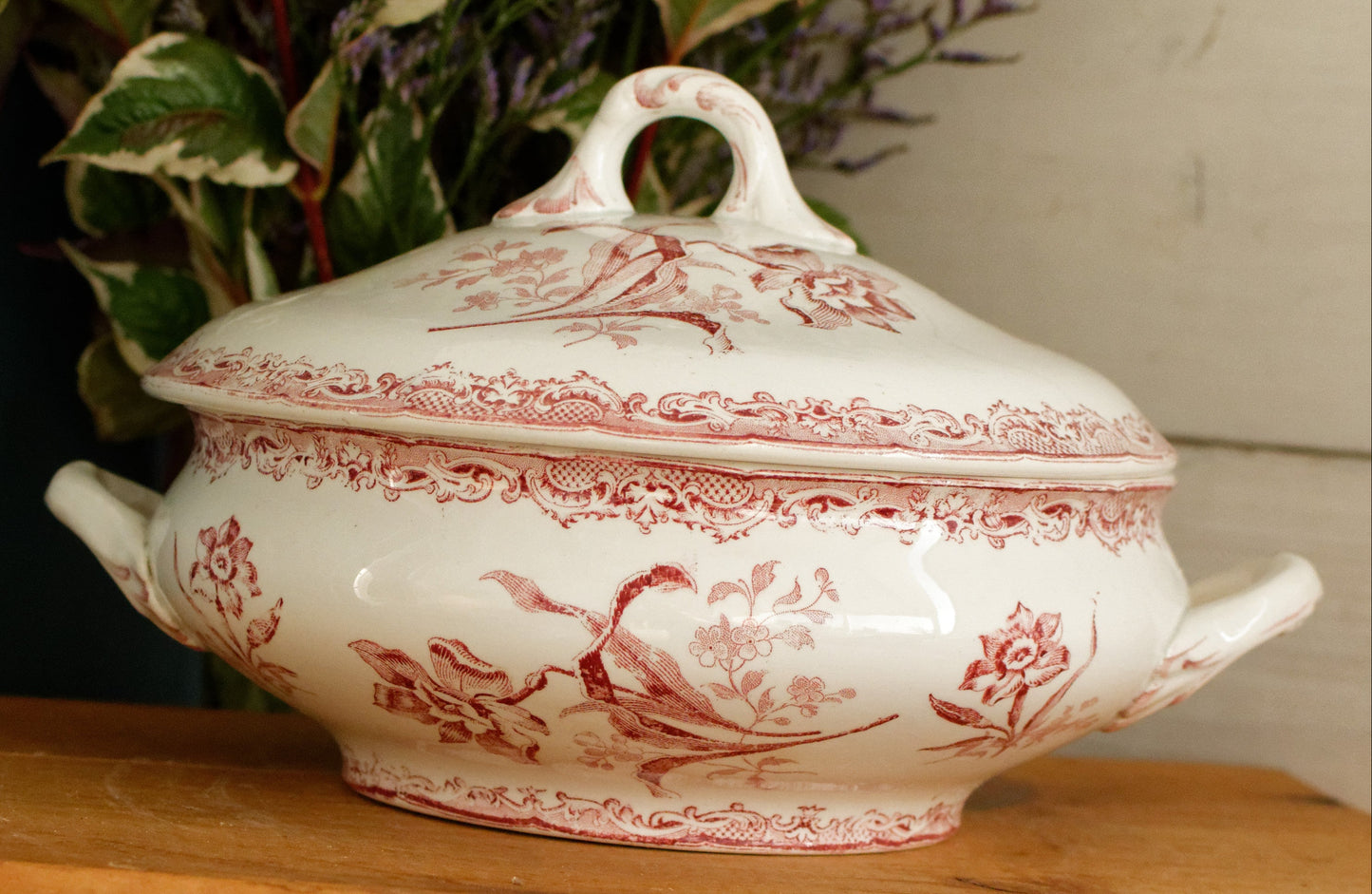 FONTANGES SARREGUEMINES U&C French Antique Ironstone Red Transferware Soup Tureen Soupiere Terre de Fer Faience