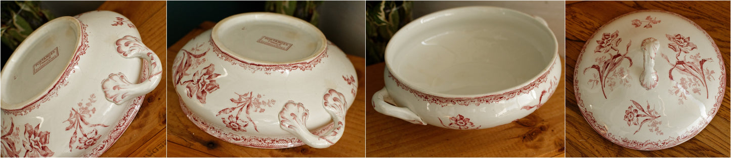 1920s ~ "FONTANGES" SARREGUEMINES U&C ~ French Antique Ironstone Red Transferware Soup Tureen "Soupiere" ~ Terre de Fer Faience