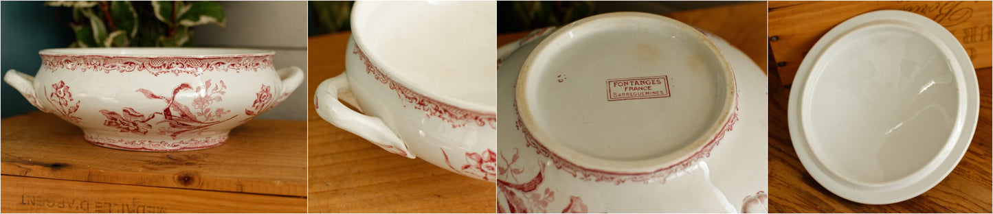 1920s ~ "FONTANGES" SARREGUEMINES U&C ~ French Antique Ironstone Red Transferware Soup Tureen "Soupiere" ~ Terre de Fer Faience