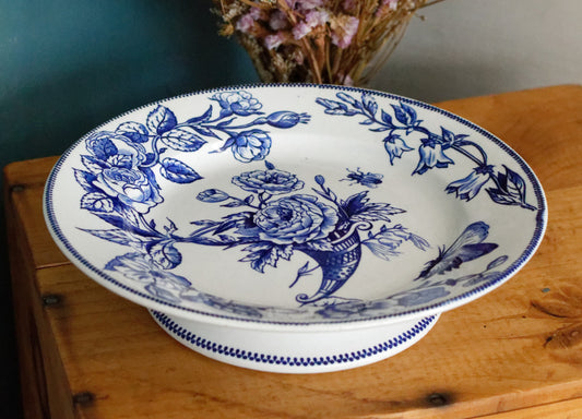 Sce ROUEN CHOISY LE ROI HB & Cie Terre de Fer French Antique Ironstone Blue Transferware Footed Cake Plate Birds & Butterflies Faïence