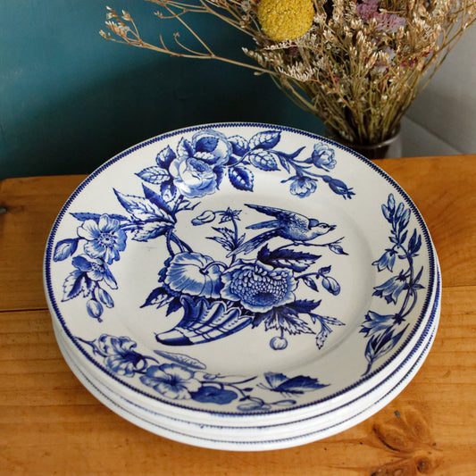 Sce ROUEN CHOISY LE ROI (HB & Cie) Terre de Fer French Antique Ironstone Blue Transferware Plate Birds & Butterflies Faïence