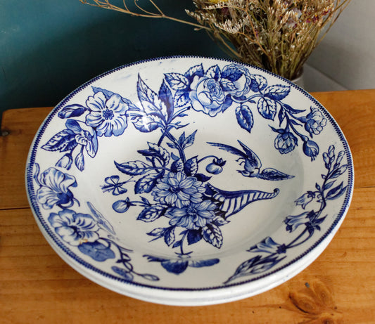 Sce ROUEN CHOISY LE ROI (HB & Cie) Terre de Fer French Antique Ironstone Blue Transferware Soup Plate Birds & Butterflies Faïence