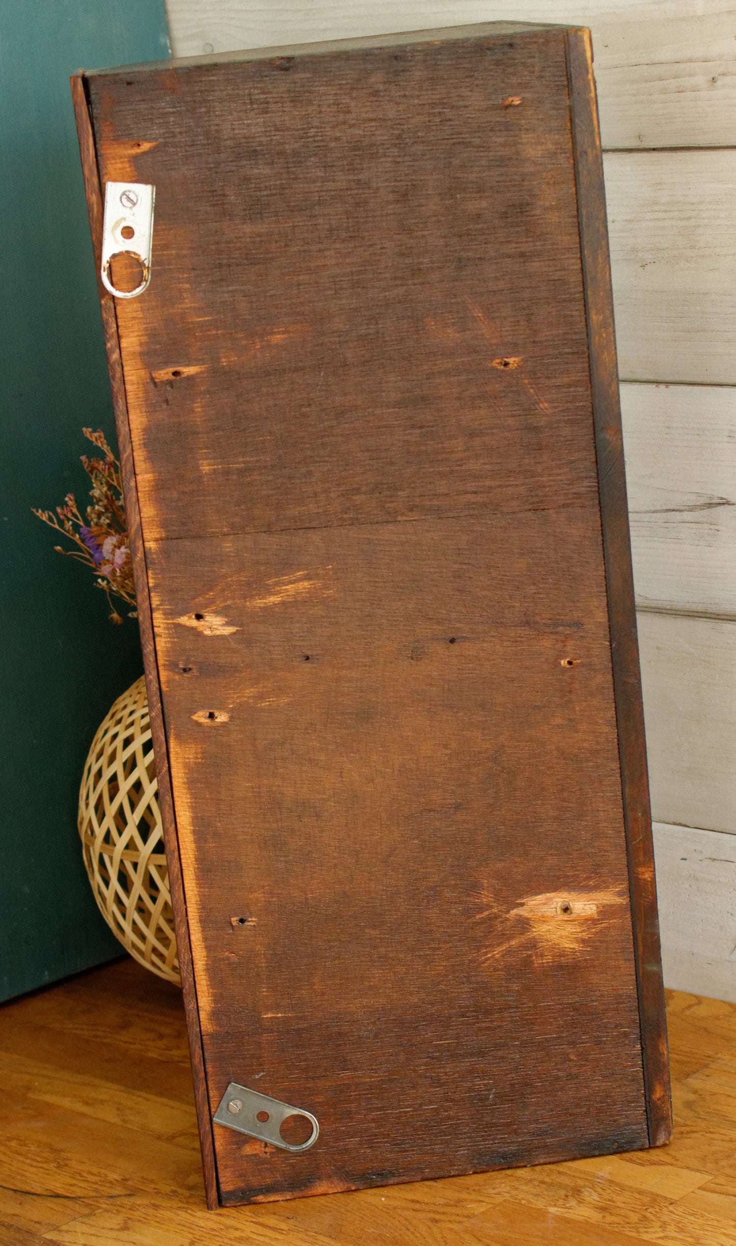 French Antique Wooden Hanging Farm Shelf with Compartments Rustic Farmhouse Crate Box Decor