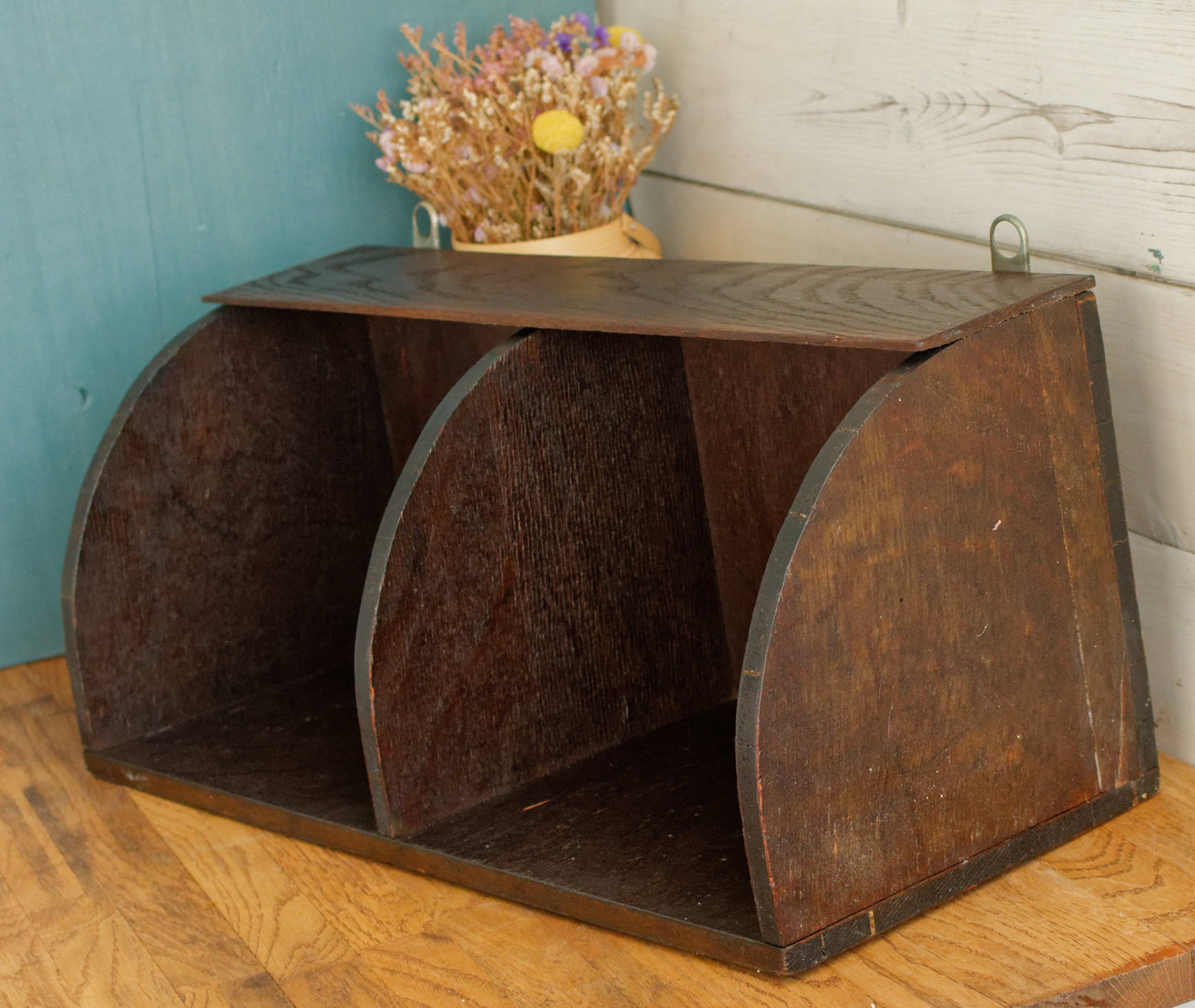 French Antique Wooden Hanging Farm Shelf with Compartments Rustic Farmhouse Crate Box Decor