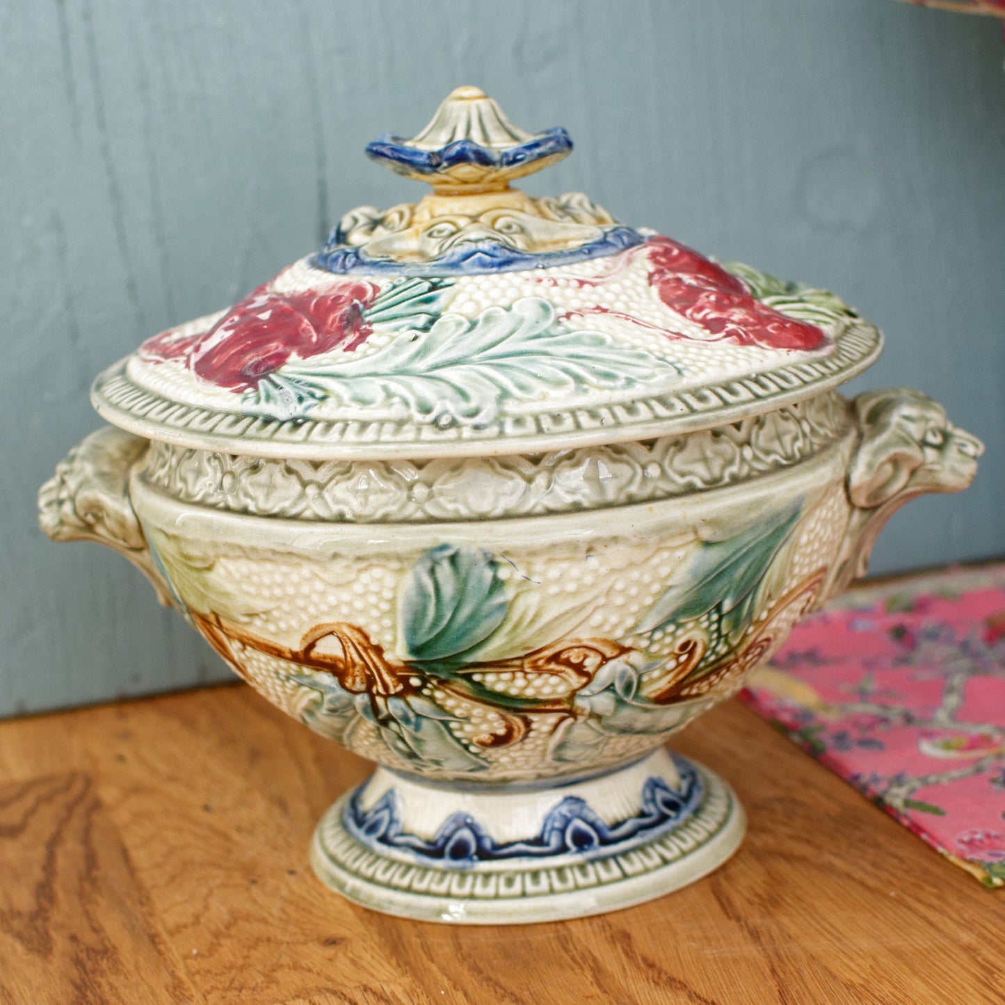 1890s ~ WASMUEL Ceramics ~ Belgian Antique BARBOTINE Majolica SMALL Soup Tureen "Soupiere" ~ Vegetable Decor ~ Faience