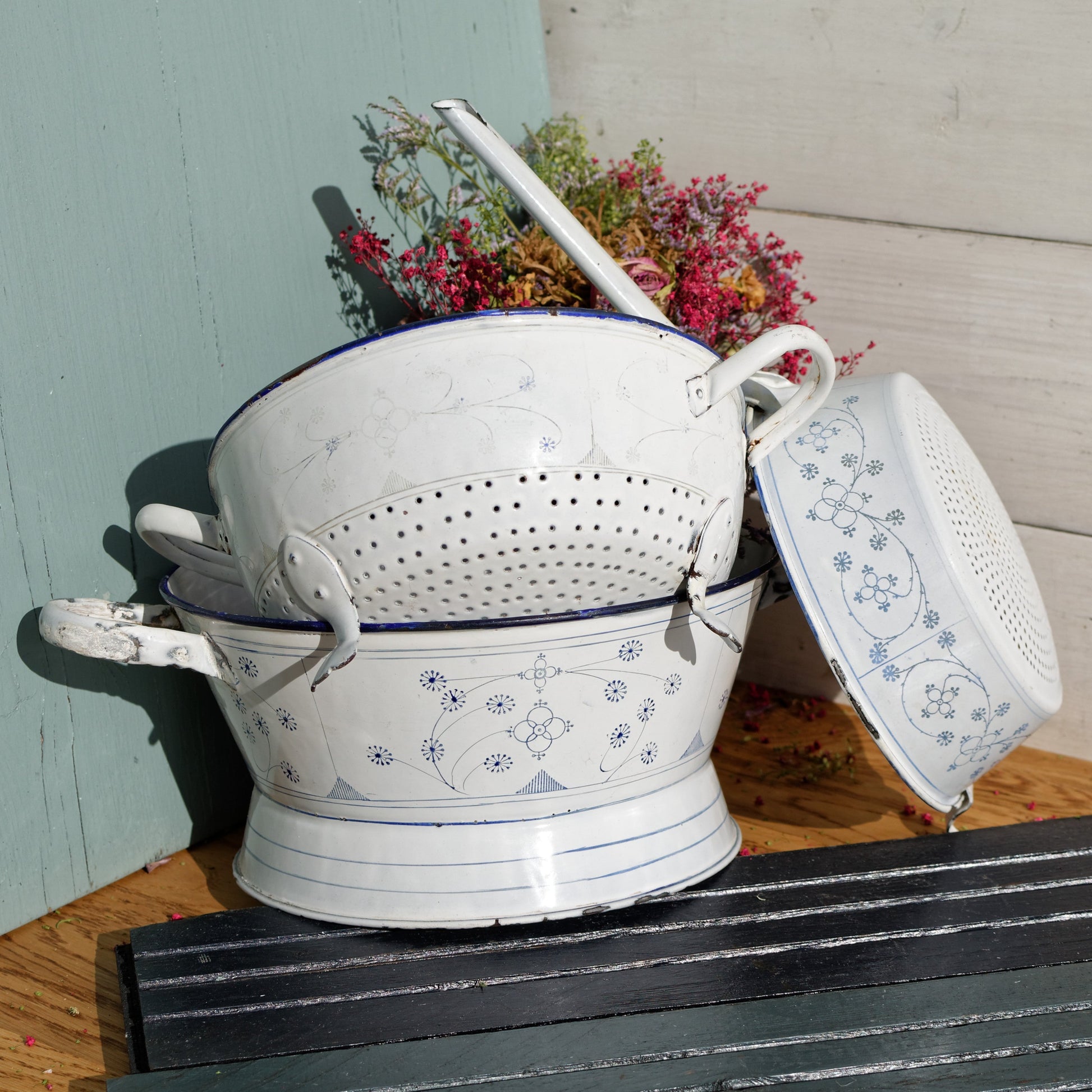 French Vintage Enamelware French Antique White 3-Piece Colander Set