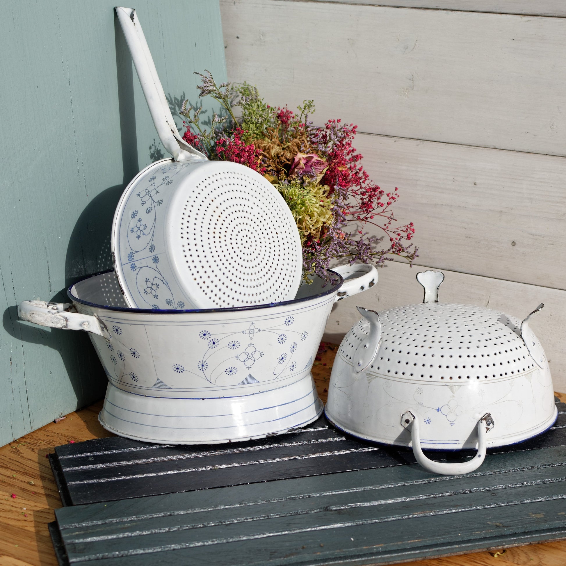 French Vintage Enamelware French Antique White 3-Piece Colander Set