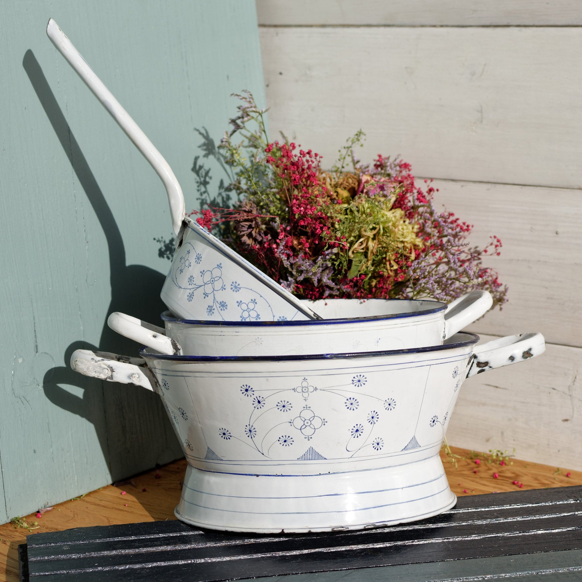 French Vintage Enamelware French Antique White 3-Piece Colander Set