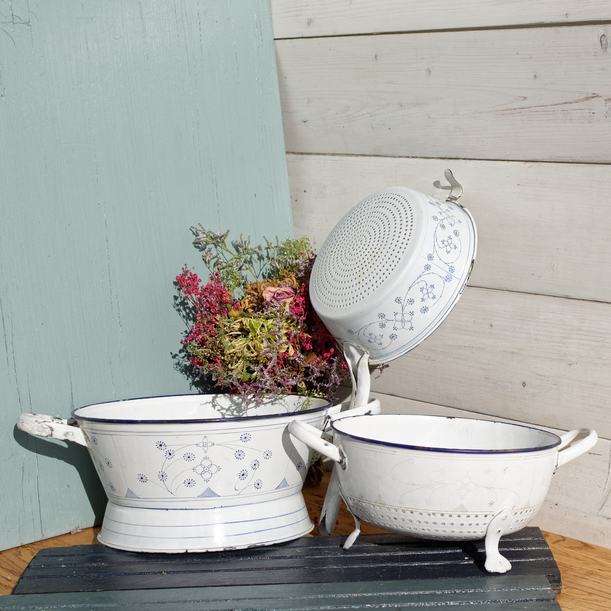 French Vintage Enamelware French Antique White 3-Piece Colander Set