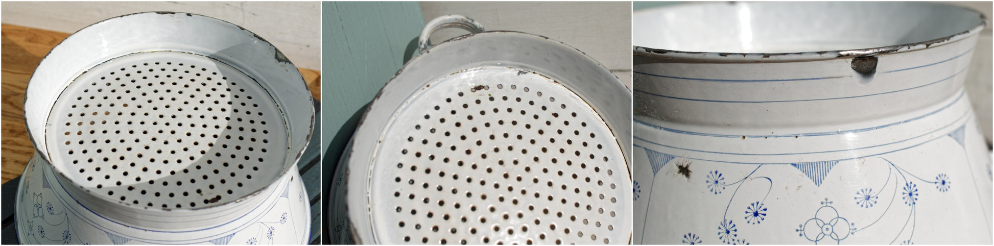 French Vintage Enamelware French Antique White 3-Piece Colander Set