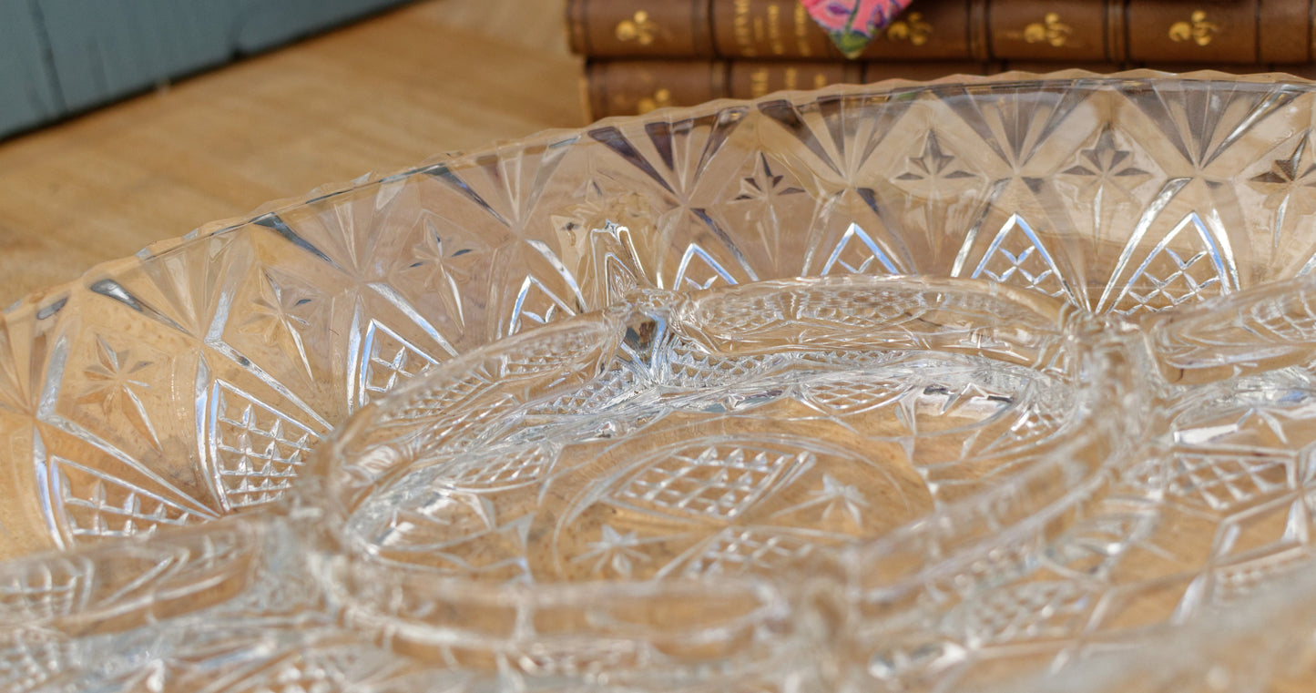 French Vintage Etched Pressed Glass Oval Serving Plate w/ 5 Sections Tray for Appetizers (Hors D'Oeuvres)