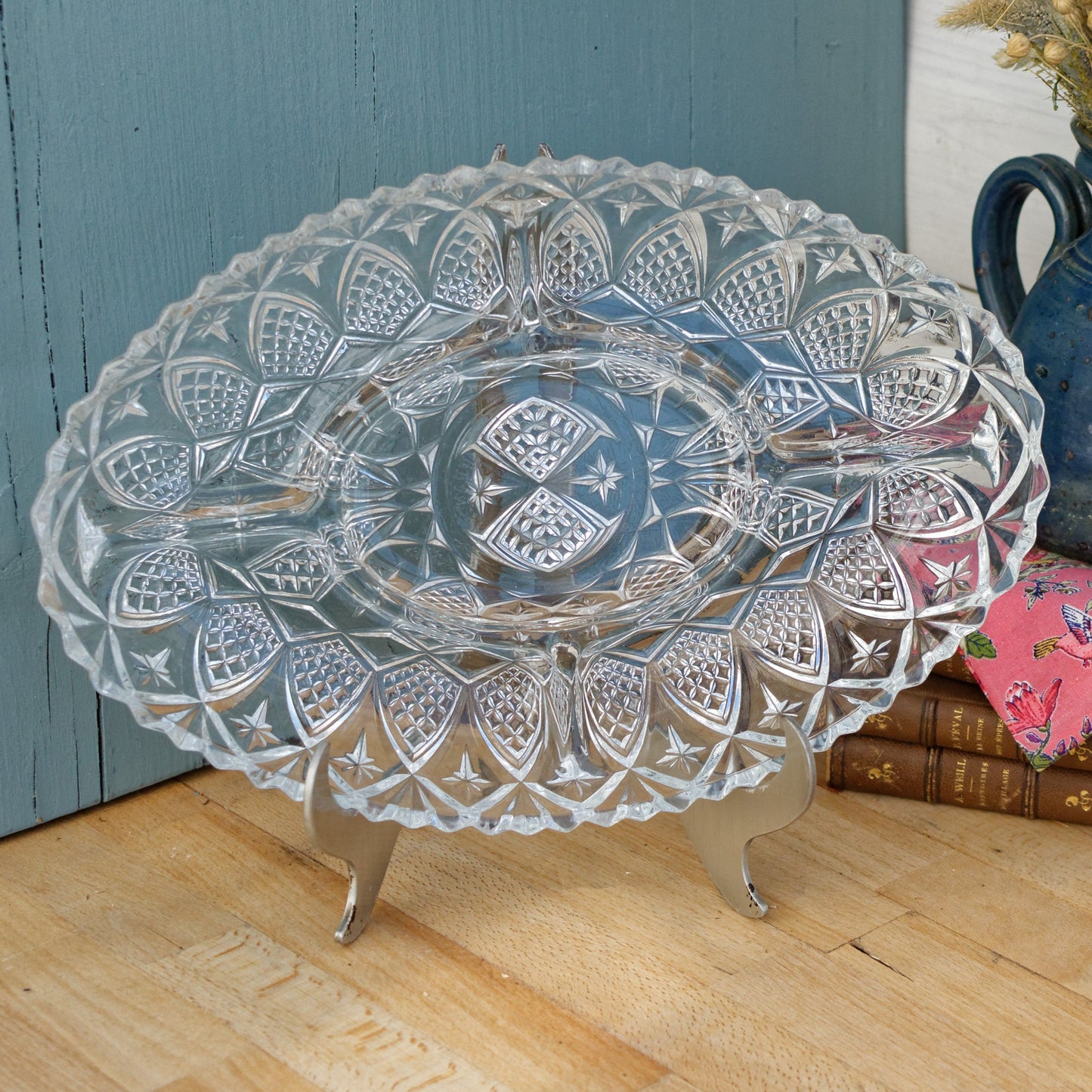 French Vintage Etched Pressed Glass Oval Serving Plate w/ 5 Sections Tray for Appetizers (Hors D'Oeuvres)