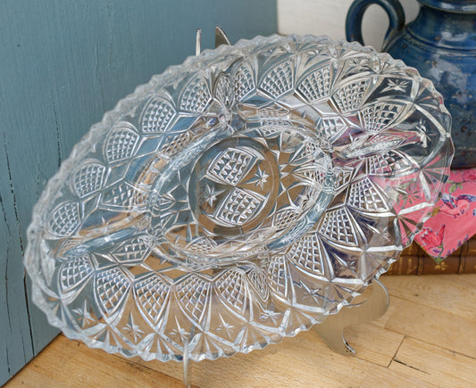 French Vintage Etched Pressed Glass Oval Serving Plate w/ 5 Sections Tray for Appetizers (Hors D'Oeuvres)