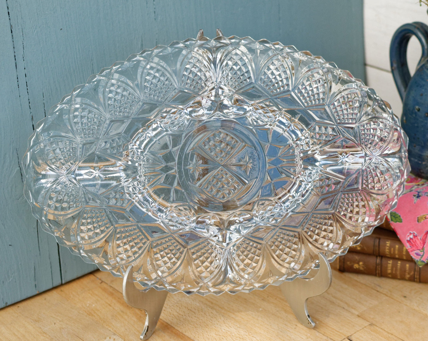 French Vintage Etched Pressed Glass Oval Serving Plate w/ 5 Sections Tray for Appetizers (Hors D'Oeuvres)