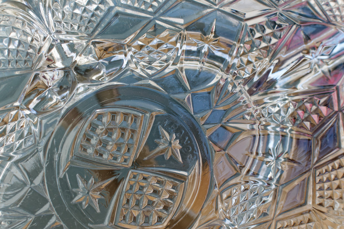 French Vintage Etched Pressed Glass Oval Serving Plate w/ 5 Sections Tray for Appetizers (Hors D'Oeuvres)