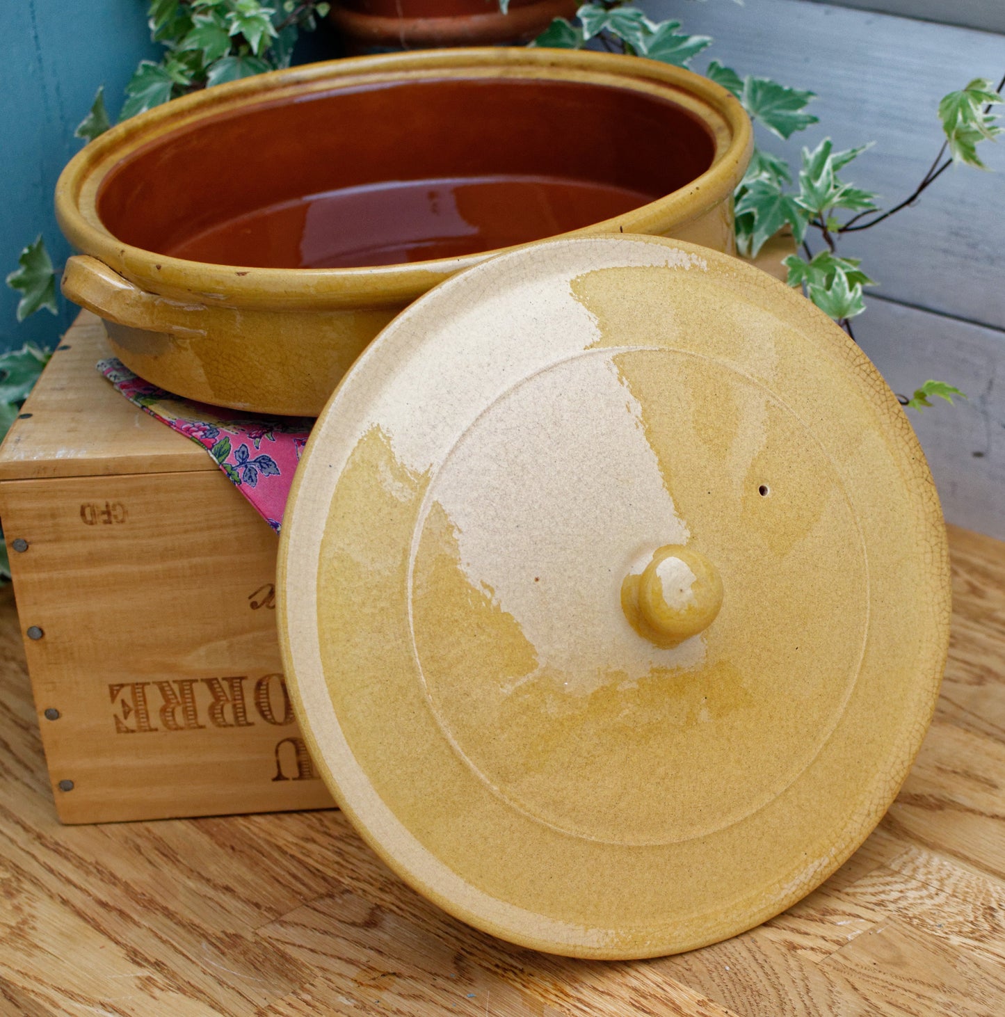 French Vintage glazed sandstone/enameled stoneware Flat Round Serving Casserole Dish Pan Bowl
