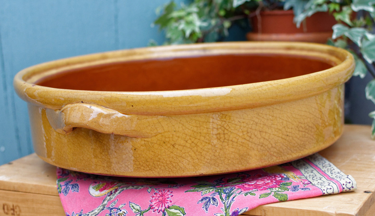 French Vintage glazed sandstone/enameled stoneware Flat Round Serving Casserole Dish Pan Bowl