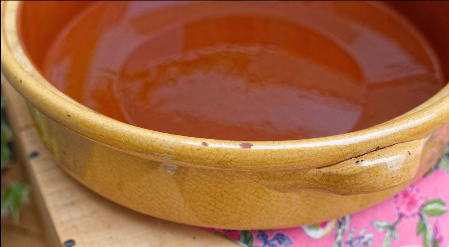 French Vintage glazed sandstone/enameled stoneware Flat Round Serving Casserole Dish Pan Bowl