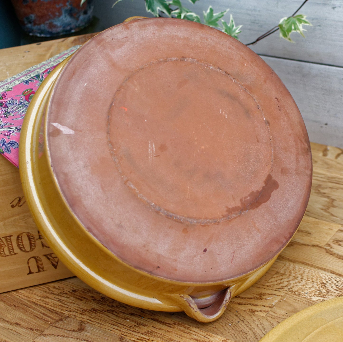 French Vintage glazed sandstone/enameled stoneware Flat Round Serving Casserole Dish Pan Bowl