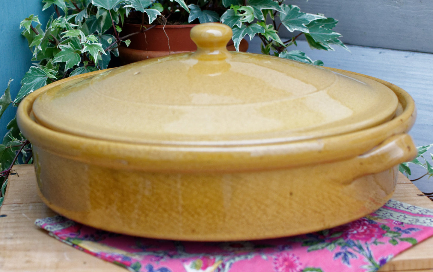 French Vintage glazed sandstone/enameled stoneware Flat Round Serving Casserole Dish Pan Bowl