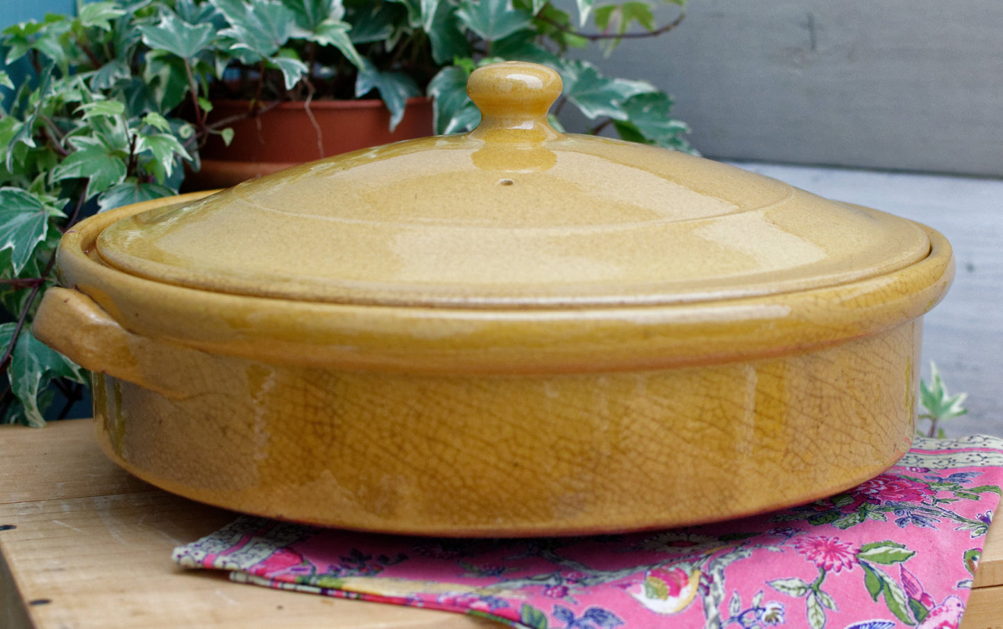 French Vintage glazed sandstone/enameled stoneware Flat Round Serving Casserole Dish Pan Bowl
