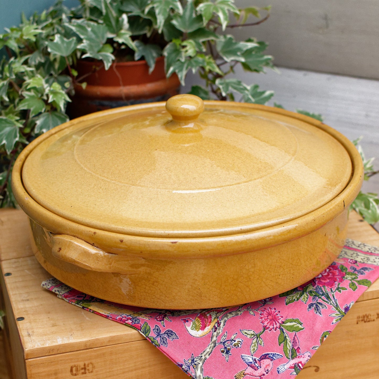 French Vintage glazed sandstone/enameled stoneware Flat Round Serving Casserole Dish Pan Bowl Terre Cuite