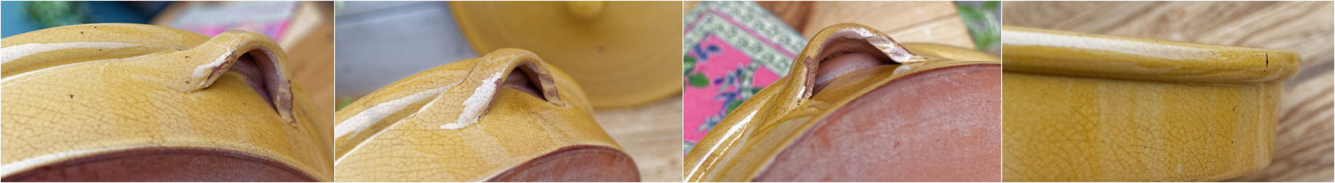 French Vintage glazed sandstone/enameled stoneware Flat Round Serving Casserole Dish Pan Bowl