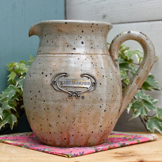 French Vintage Stoneware "PICHET FRAICHUER" Pitcher Jug Ceramic Terra Cotta Terre Cuite Signed by Artist
