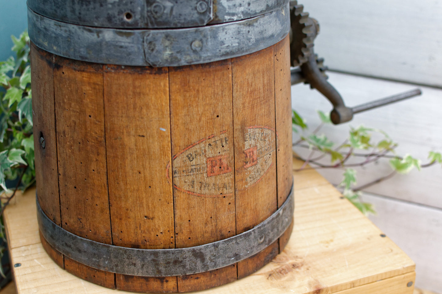 1930s ~ Baratte Brevetee Fabrication PERLOR Francaise ~ French Antique Wooden Butter Churn