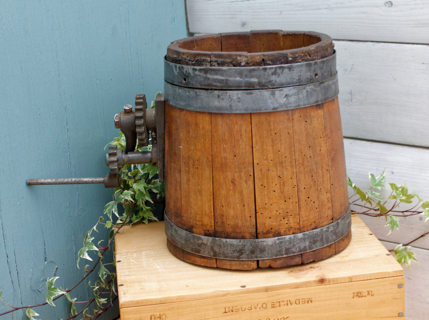 1930s ~ Baratte Brevetee Fabrication PERLOR Francaise ~ French Antique Wooden Butter Churn
