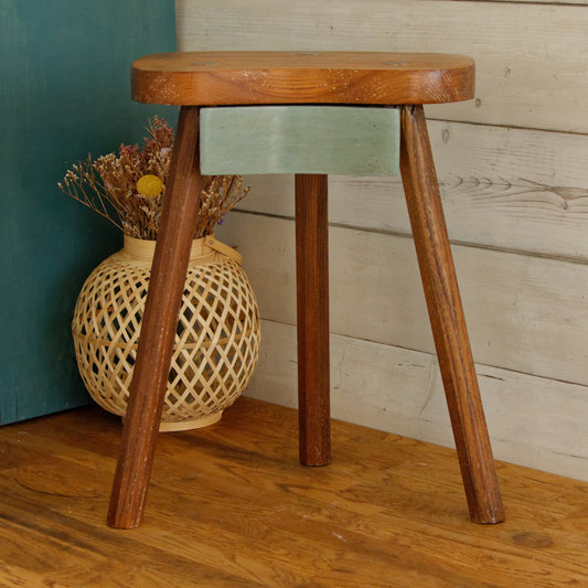 French Vintage Handmade 3 Legged Wooden Stool with Small Storage Drawer Decorative Tripod Farmhouse Milk Stool Refurbished