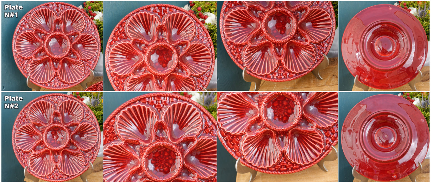 French Vintage Barbotine Majolica Style RED Oyster Huître Shellfish Plate