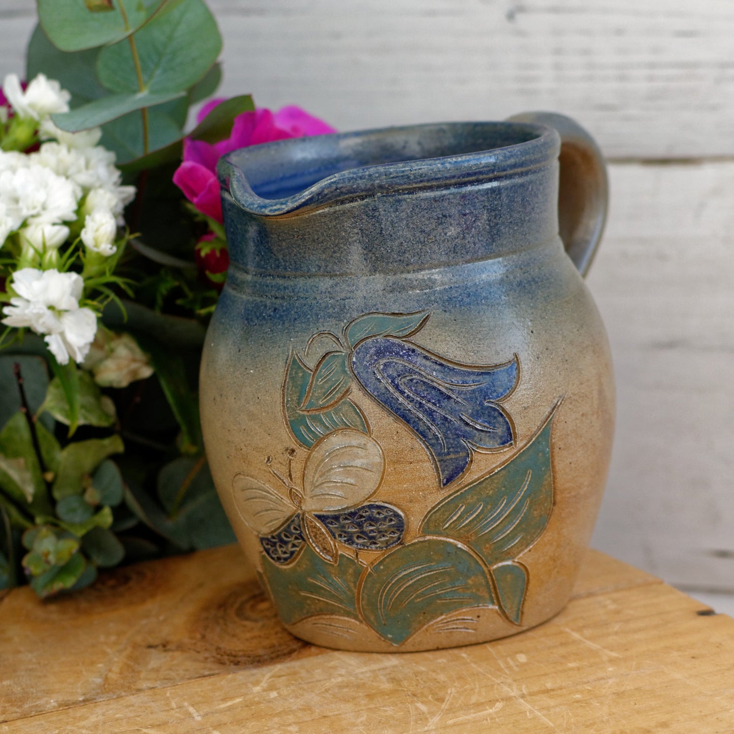 French Vintage Stoneware Terre Cuite Pitcher Fabrique en France La Poterie des Mottes Normandy 0,5 Litre
