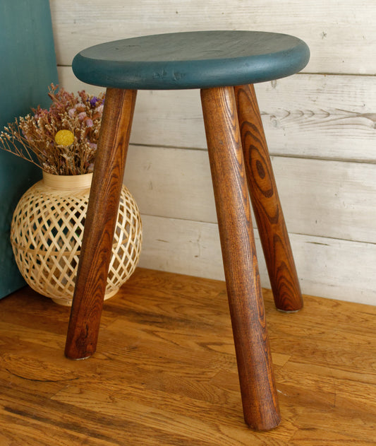 French Vintage Round Wooden Stool Solid Wood Three Legged Farm Milk Stool Refurbished