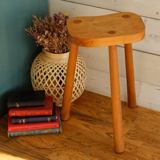 French Vintage Handmade Wooden Tabouret Decorative 3 Legged Tripod Farmhouse Milk Stool