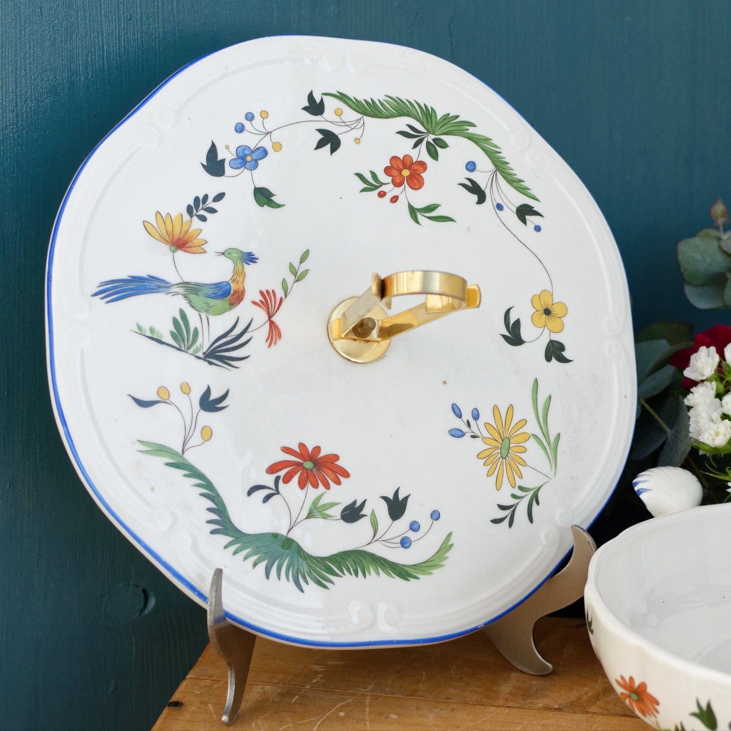 French Vintage Hand-Painted Ironstone Oiseau des Paradis Faiencerie de Gien Terre de Fer