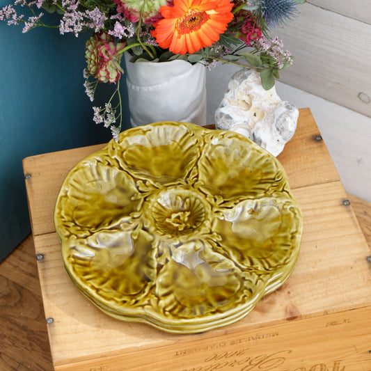 1960s GIEN France French Vintage BARBOTINE Olive Green Oyster "Huître" Shellfish Plate with 6 Wells Ceramic Majolica