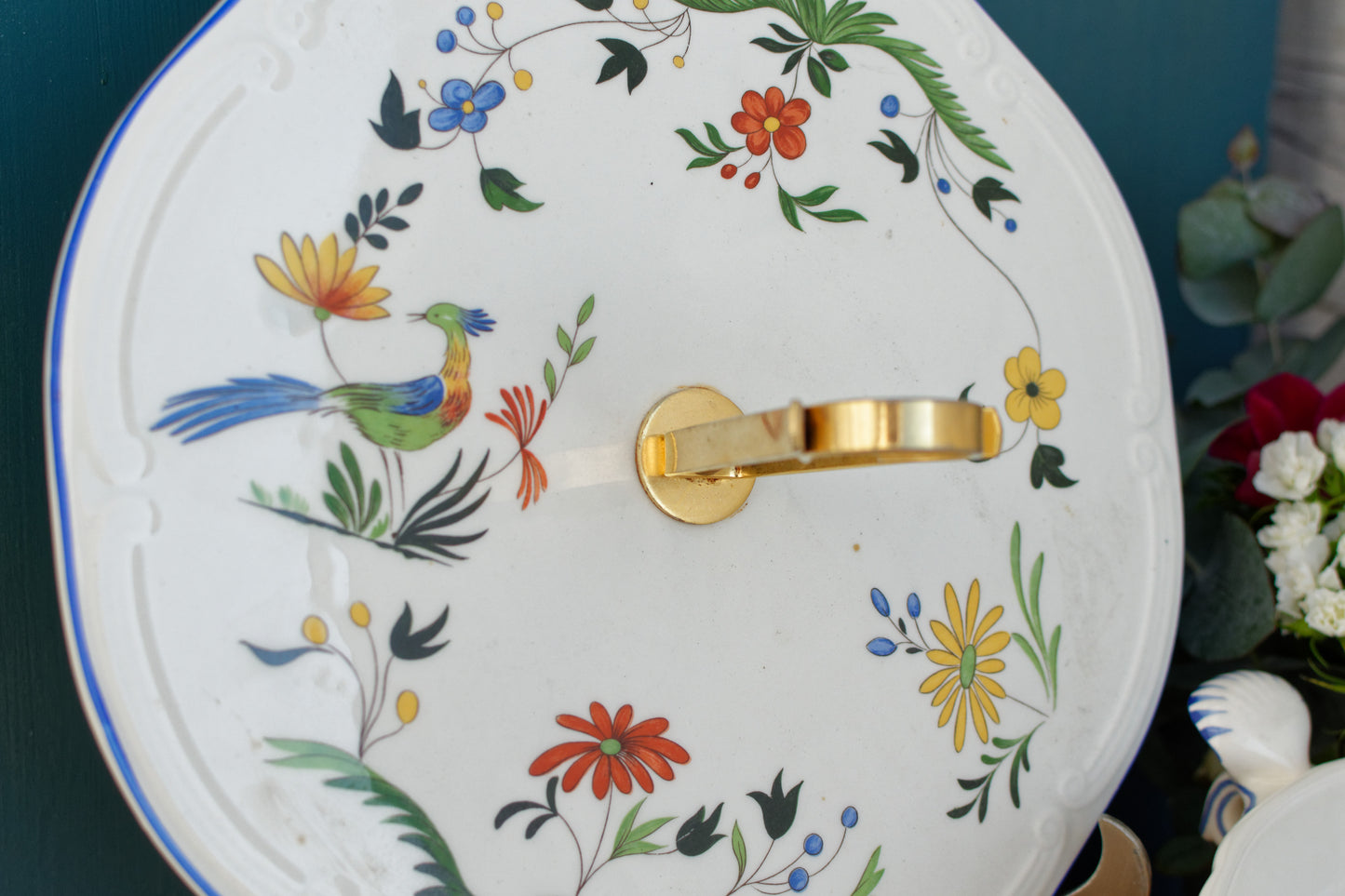 1970s ~ "Oiseau des Paradis" Faiencerie de GIEN ~ French Vintage Ironstone Hand-Painted Porcelain Serving Pieces ~ Terre de Fer